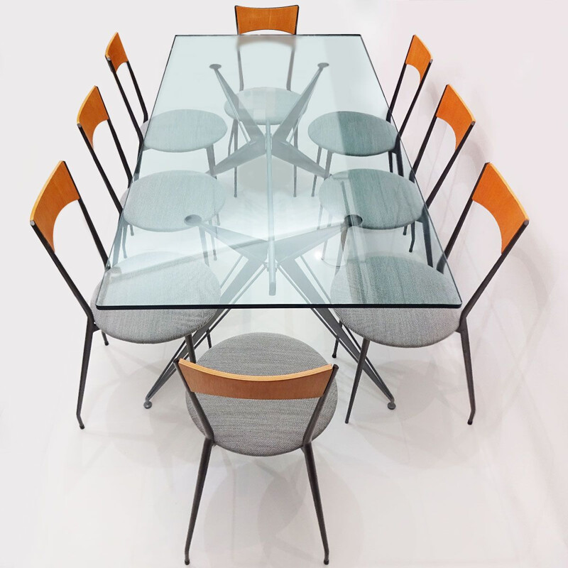 Vintage Conran dining set in glass, metal and fabric 1980s