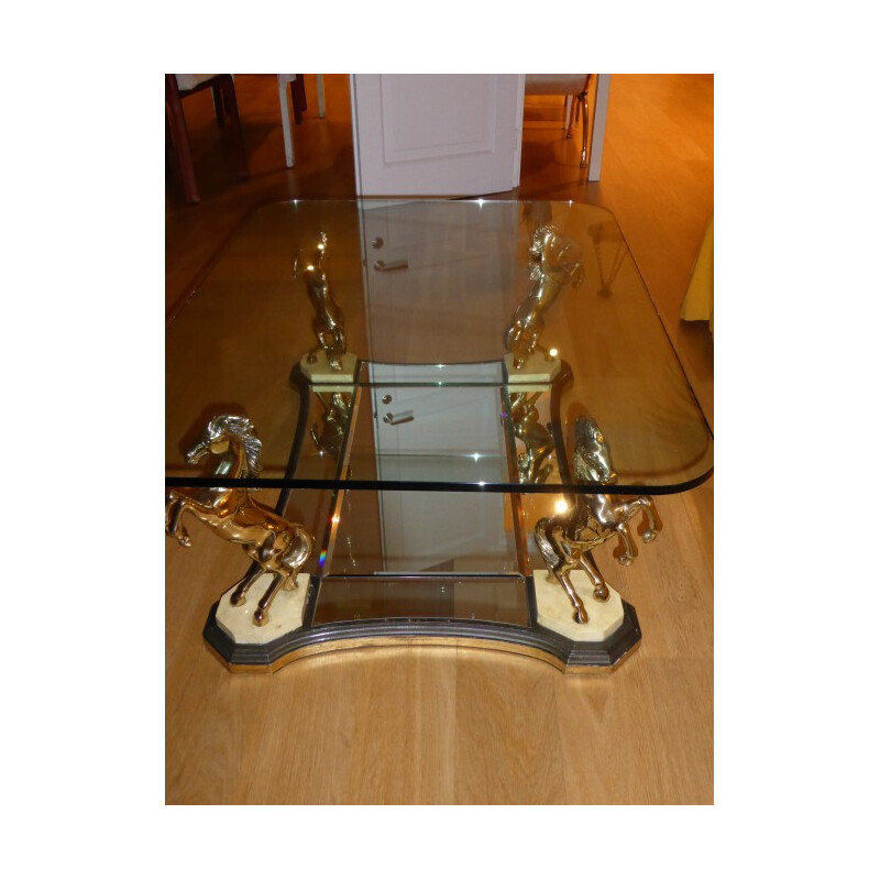 Table basse italienne "Chevaux" en bronze et verre - 1970