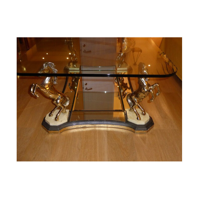 Table basse italienne "Chevaux" en bronze et verre - 1970