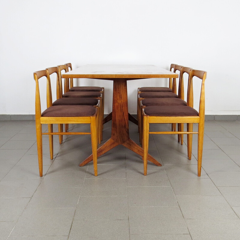 Set of dining table and 8 chairs vintage Czechoslovakia 1960s