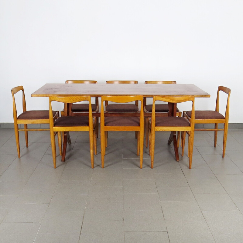 Set of dining table and 8 chairs vintage Czechoslovakia 1960s