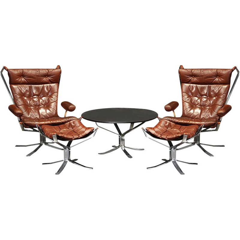 Vintage Sigurd Ressell chrome and leather Falcon lounge chairs, Ottomans and Falcon table Scandinavian