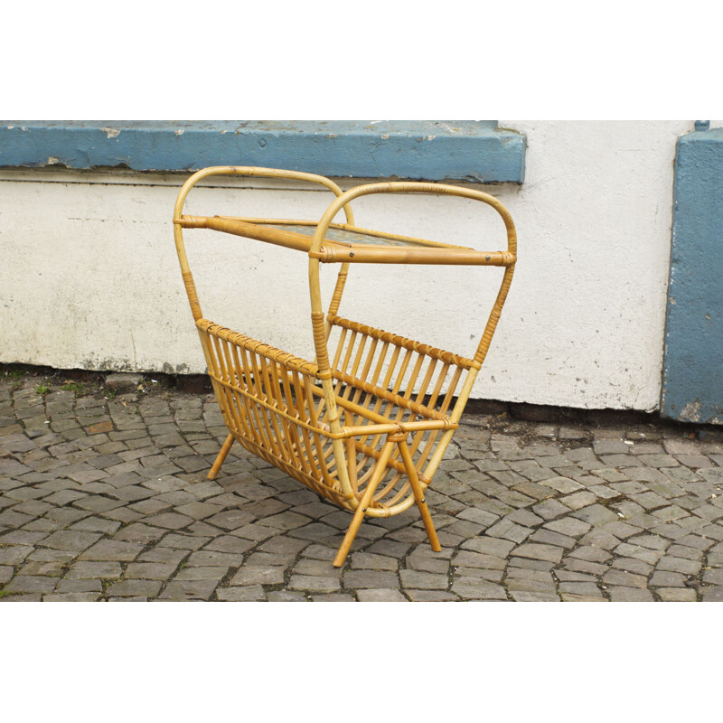 Mid Century Newspaper Stand Magazines Stand Rattan Sweden 1960s