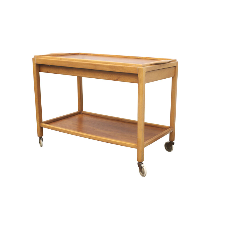 Midcentury Tea Trolley In Teak & Beech Serving Trolley Tray Glass Top Swedish 1960s