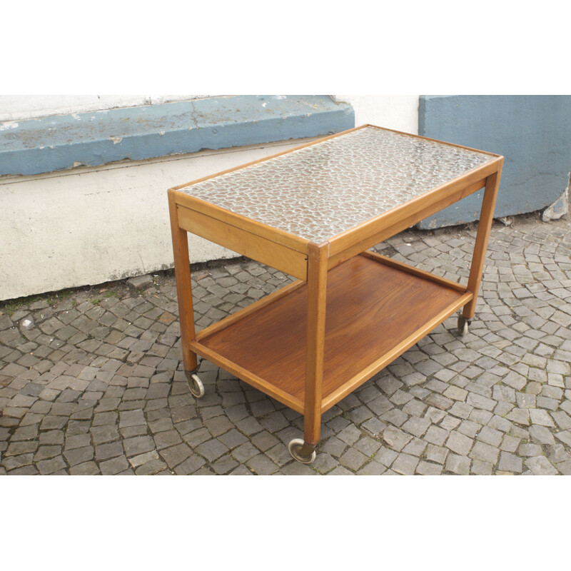 Midcentury Tea Trolley In Teak & Beech Serving Trolley Tray Glass Top Swedish 1960s