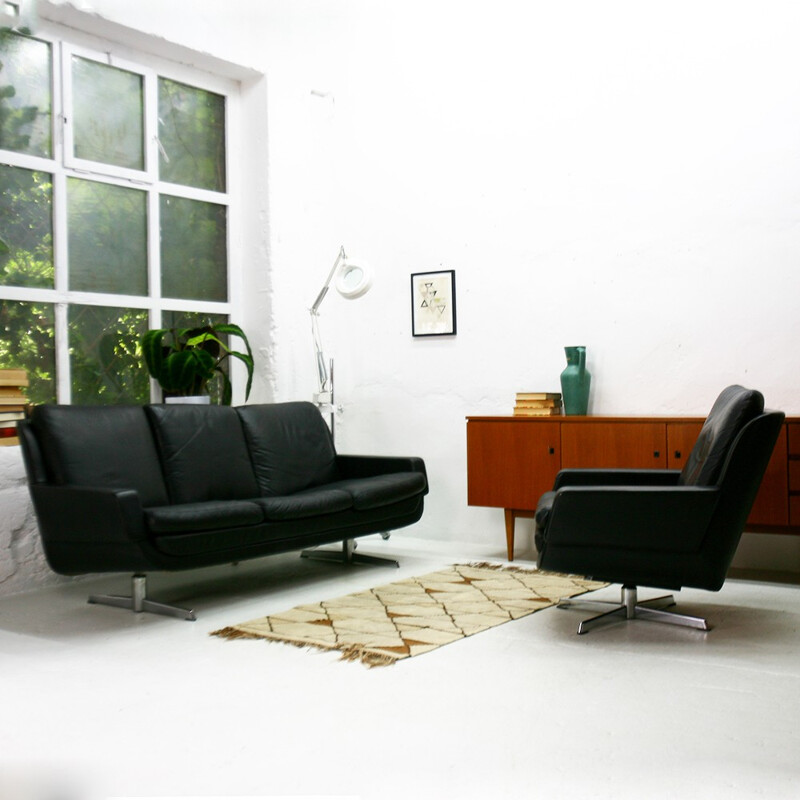 Large mid-century 3 seater lounge sofa in black nappa leather - 1960s