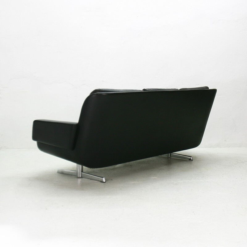 Large mid-century 3 seater lounge sofa in black nappa leather - 1960s