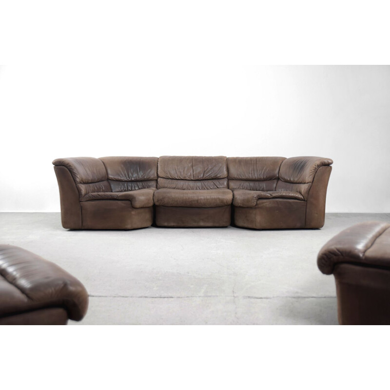 Set of 5 vintage Brutalist Patinated Leather Modular Corner Sofa by Musterring, 1960s