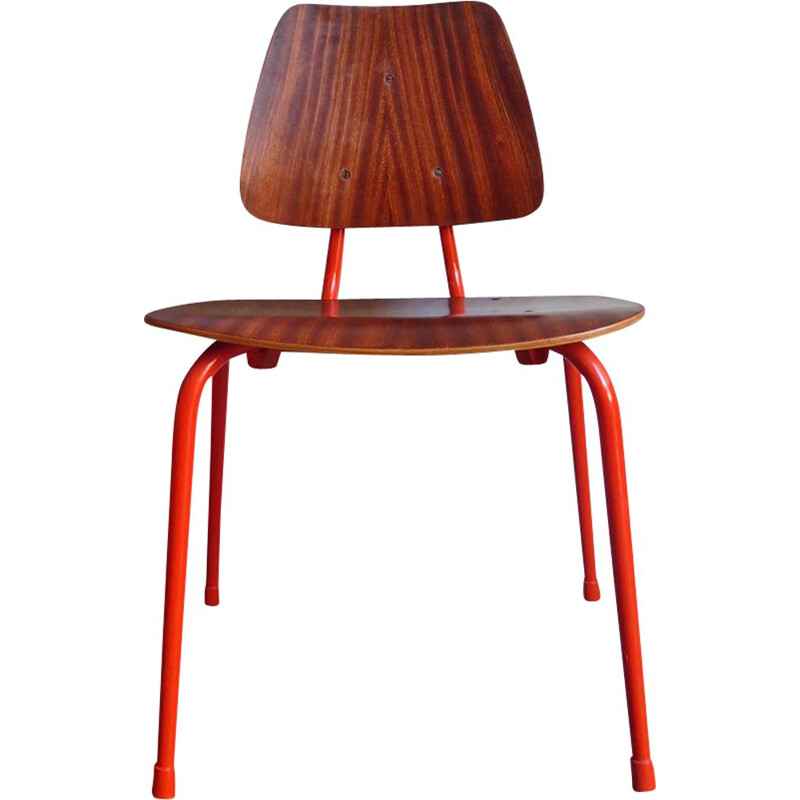 Vintage plywood and orange metal chair, 1970