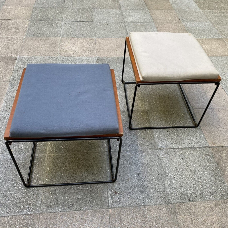 Pair of vintage reversible side tables and stool, Pierre Guariche 1975