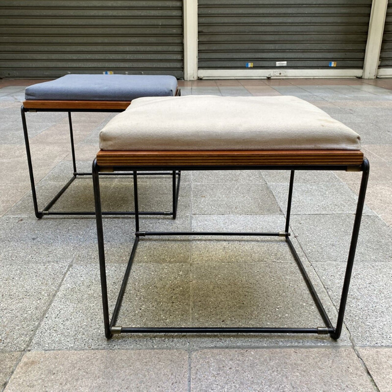 Pair of vintage reversible side tables and stool, Pierre Guariche 1975