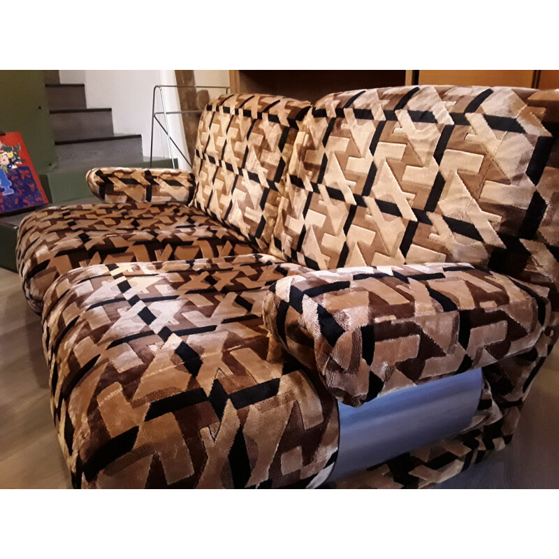 Vintage sofa geometric fabric black maroon 1970