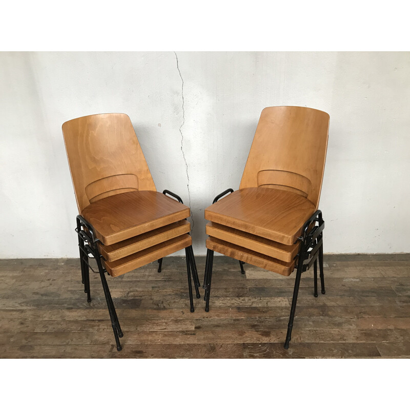 Set of 6 vintage beechwood chairs, Baumann 1960