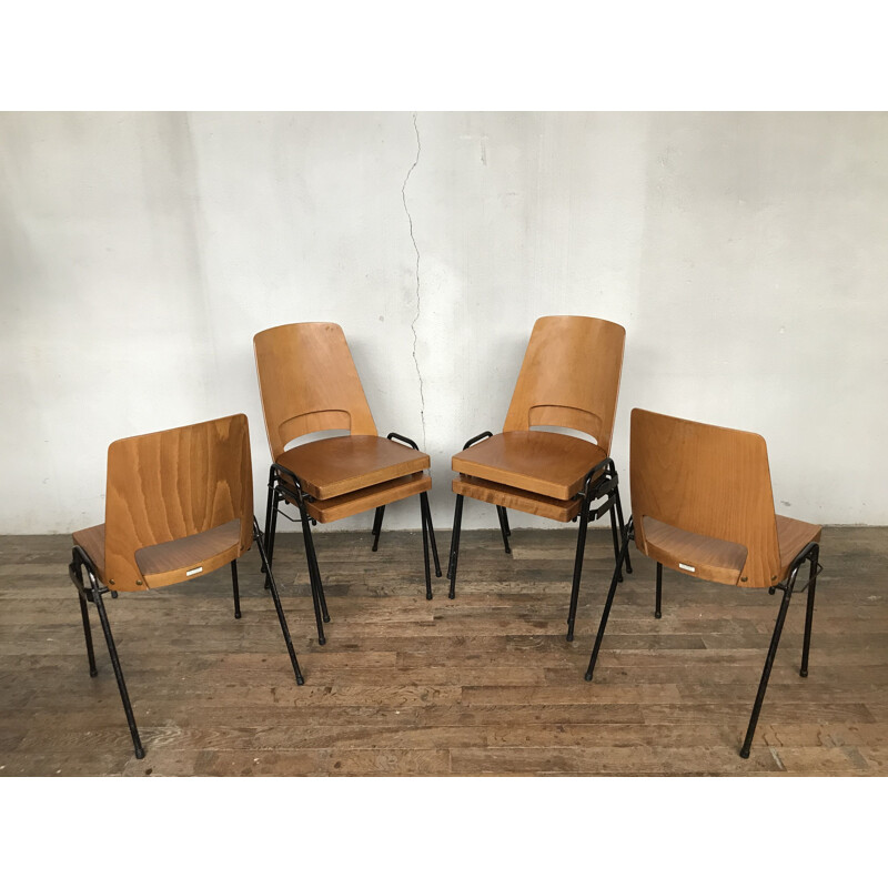 Série de 6 chaises vintage en hêtre, Baumann 1960