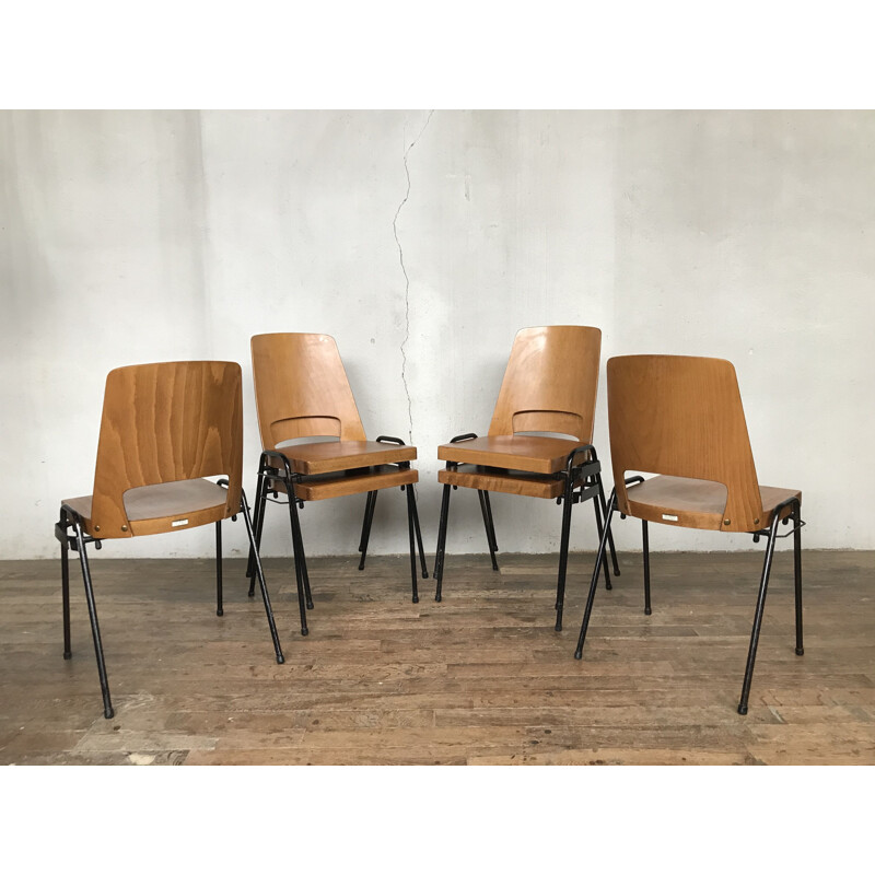 Série de 6 chaises vintage en hêtre, Baumann 1960