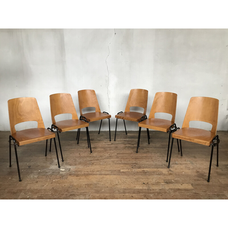 Set of 6 vintage beechwood chairs, Baumann 1960