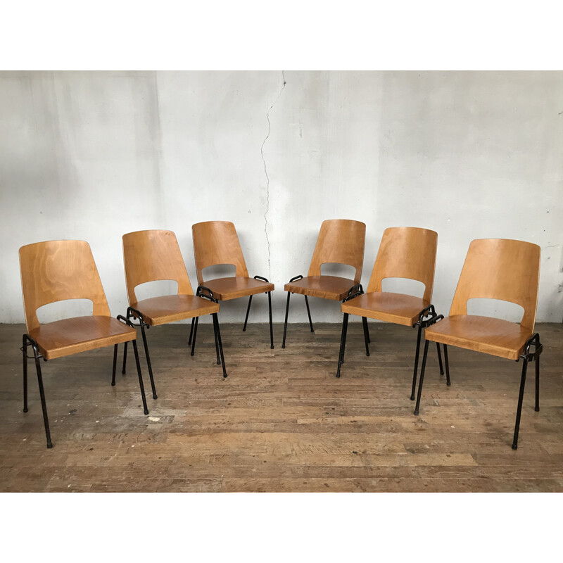 Série de 6 chaises vintage en hêtre, Baumann 1960