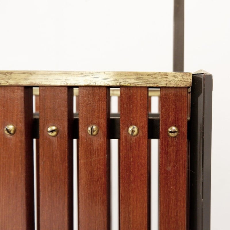 Vintage teak, black metal and brass slatted umbrella stand, Italy 1950