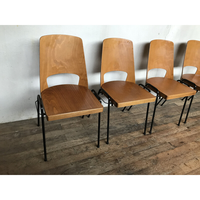 Série de 6 chaises vintage en hêtre, Baumann 1960