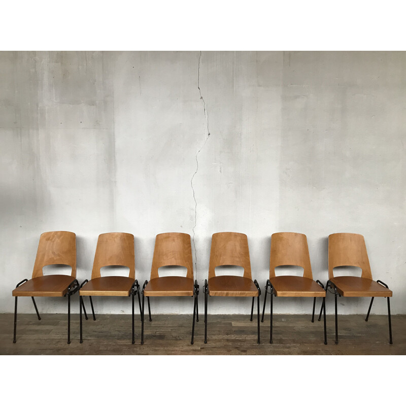Série de 6 chaises vintage en hêtre, Baumann 1960