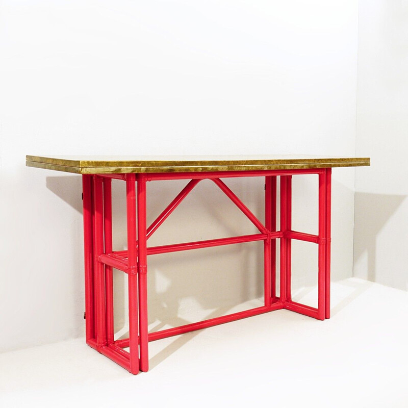 Vintage red lacquered bamboo console with gold lacquered top, Italy