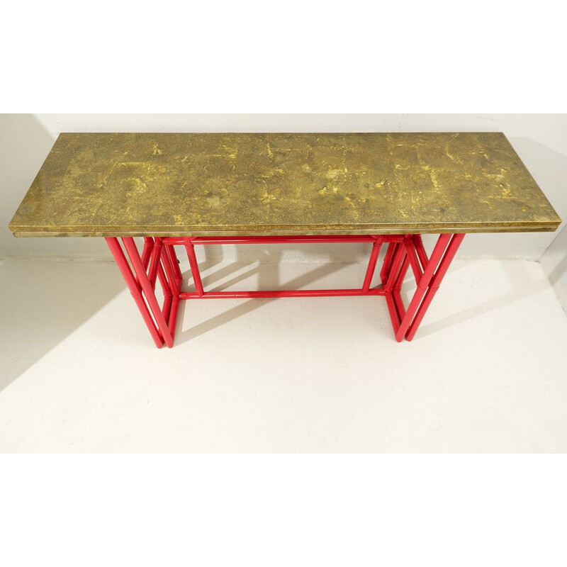 Vintage red lacquered bamboo console with gold lacquered top, Italy