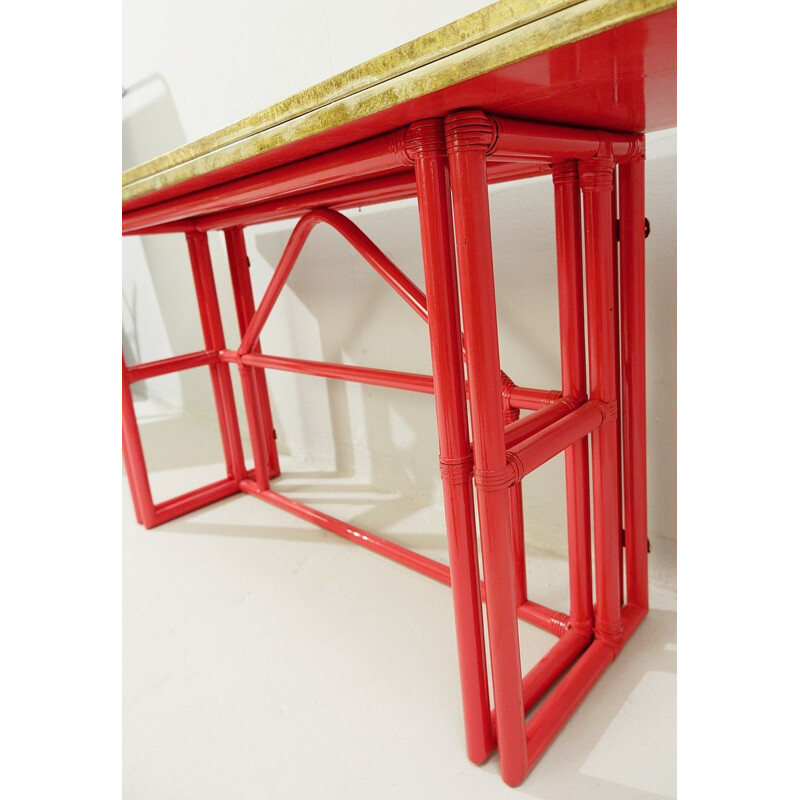 Vintage red lacquered bamboo console with gold lacquered top, Italy