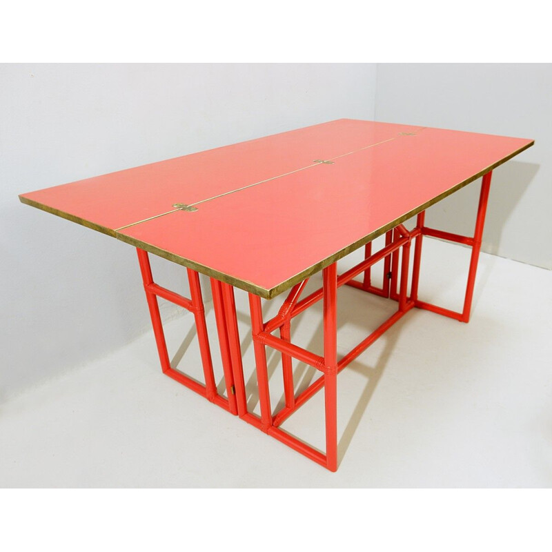 Vintage red lacquered bamboo console with gold lacquered top, Italy