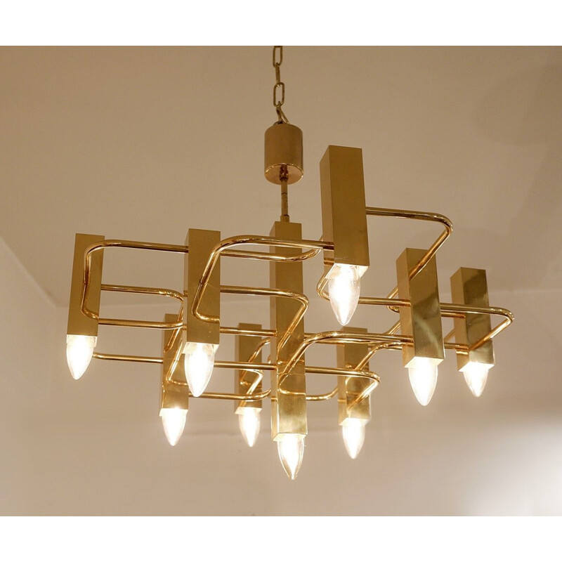 Vintage brass chandelier with 9 light points, Sciolari 1970