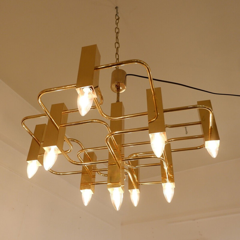 Vintage brass chandelier with 9 light points, Sciolari 1970