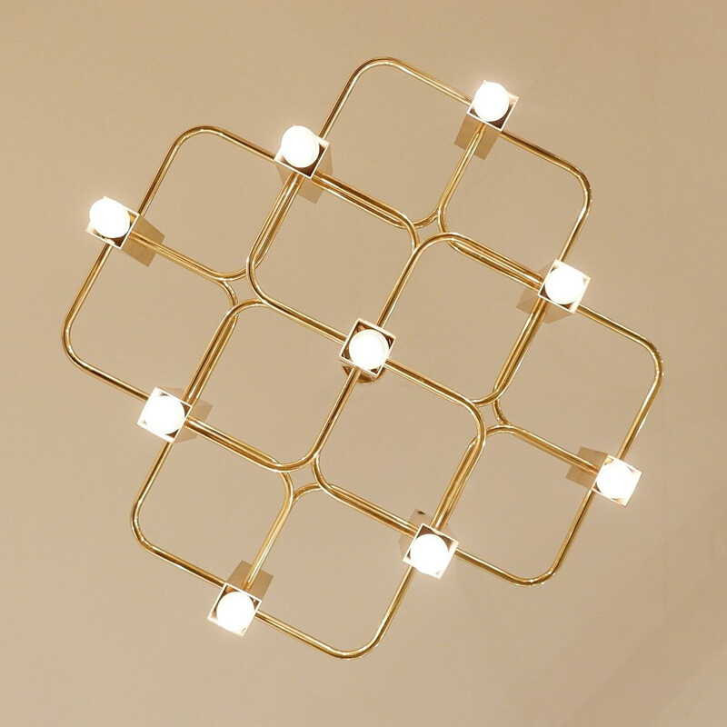 Vintage brass chandelier with 9 light points, Sciolari 1970