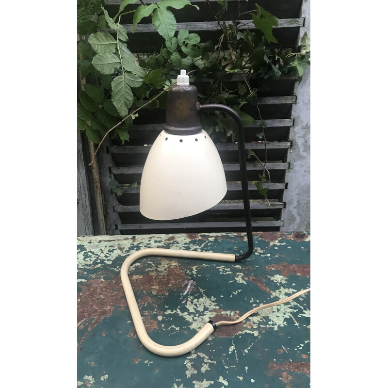 Lámpara vintage articulada de latón con base enfundada de Jean Boris Lacroix, 1950