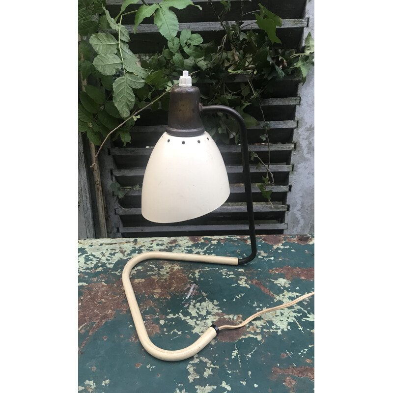 Vintage gelede messing lamp met omhulde voet door Jean Boris Lacroix, 1950