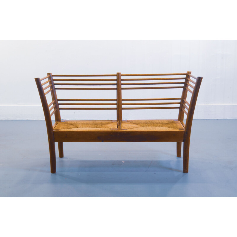 Vintage 2-seater vintage Bench with Rush Seats 1950