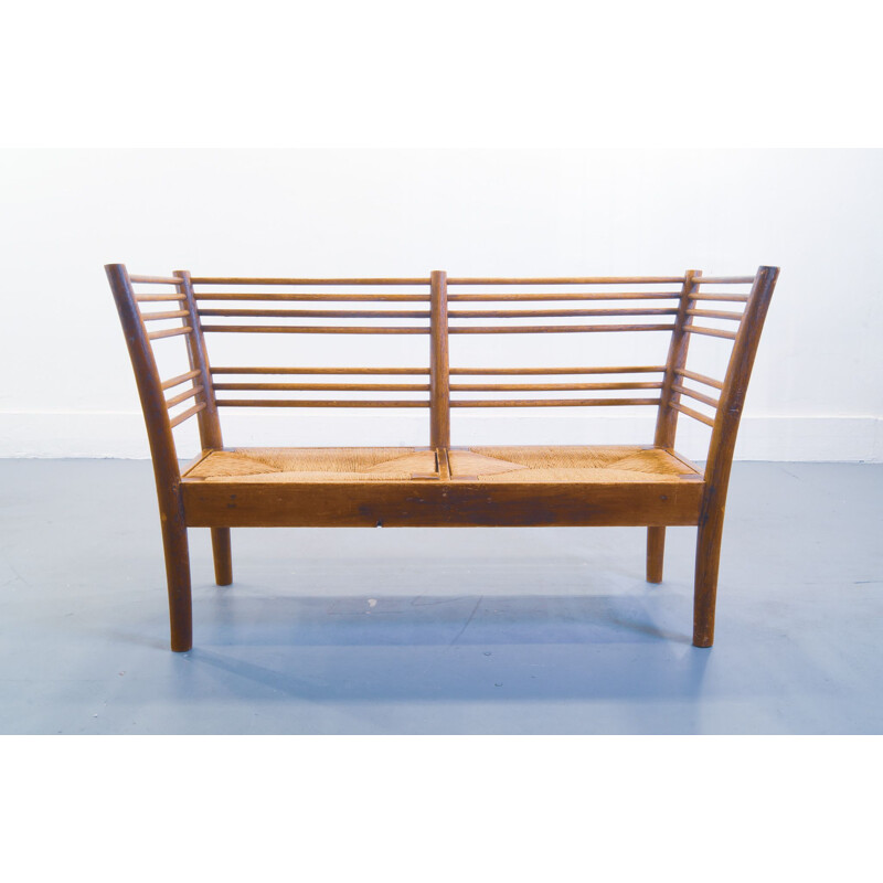 Vintage 2-seater vintage Bench with Rush Seats 1950