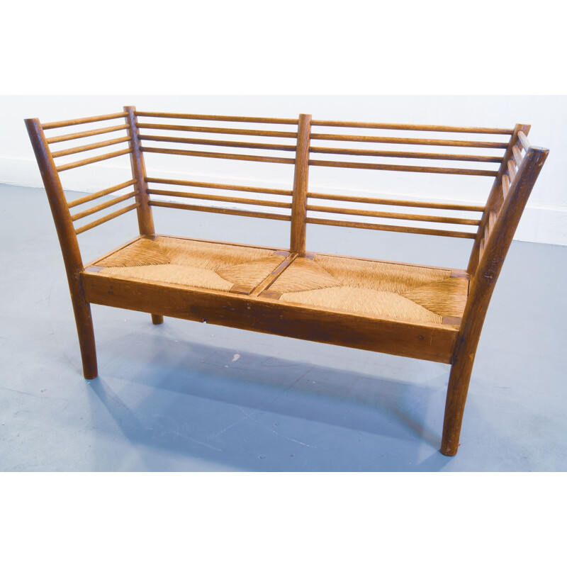 Vintage 2-seater vintage Bench with Rush Seats 1950