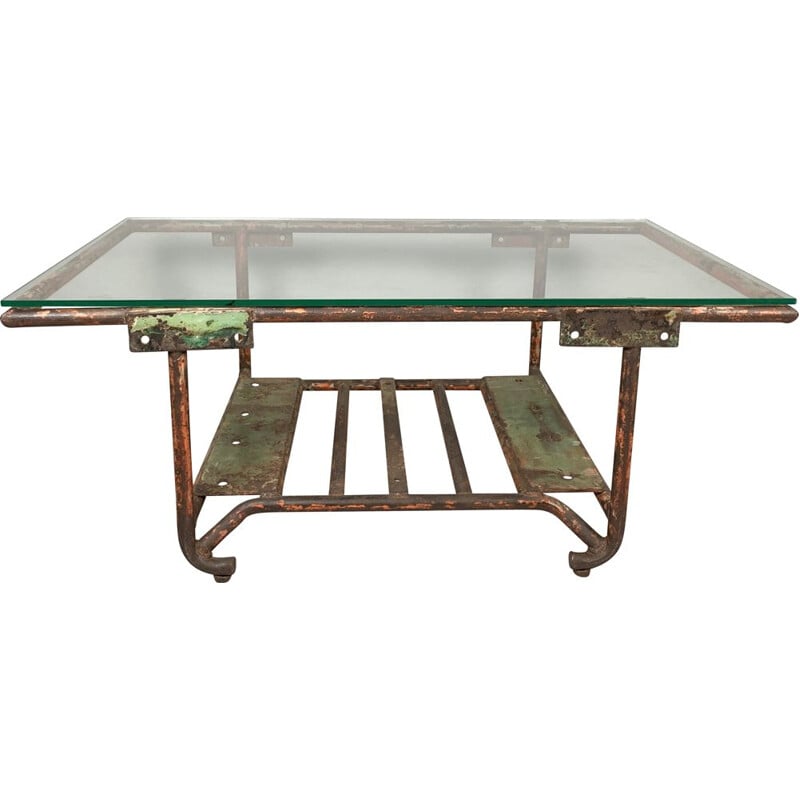 table basse vintage industrielle en fer et verre