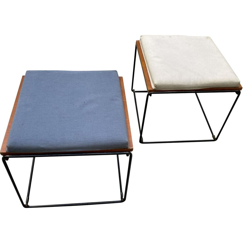 Pair of vintage reversible side tables and stool, Pierre Guariche 1975