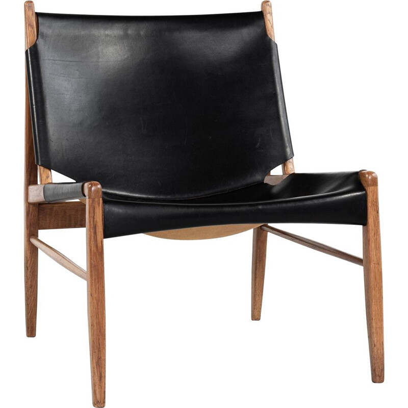 Fauteuil lounge vintage en chêne et cuir de Franz Xaver Lutz pour WK Möbel 1950