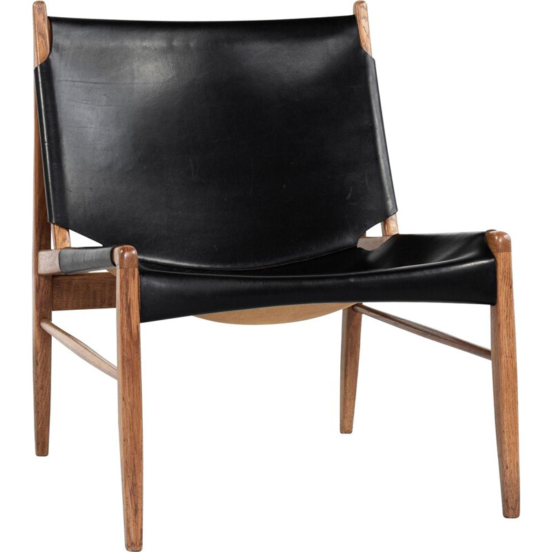 Vintage oak and leather lounge armchair by Franz Xaver Lutz for WK Möbel 1950