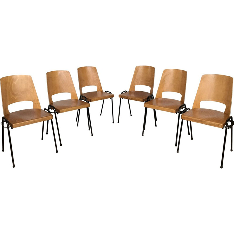 Série de 6 chaises vintage en hêtre, Baumann 1960