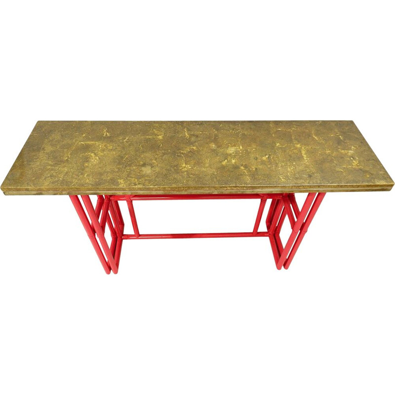 Vintage red lacquered bamboo console with gold lacquered top, Italy