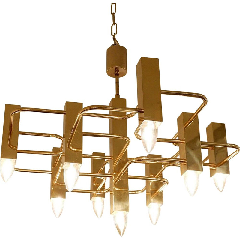 Vintage brass chandelier with 9 light points, Sciolari 1970