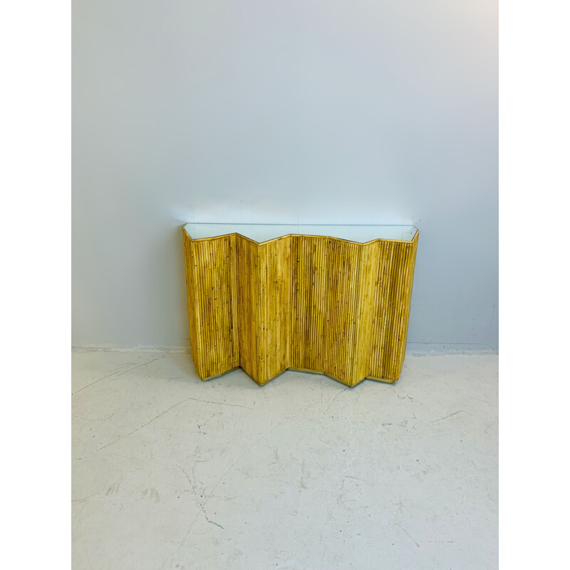 Vintage Glass and Rattan Console 