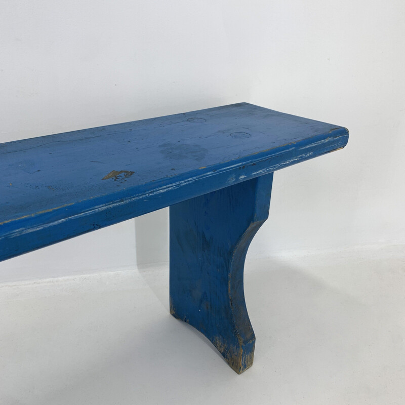 Long Vintage All-wood School Bench with original paint, 1930s