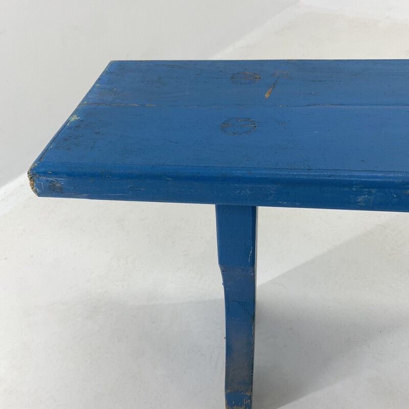Long Vintage All-wood School Bench with original paint, 1930s