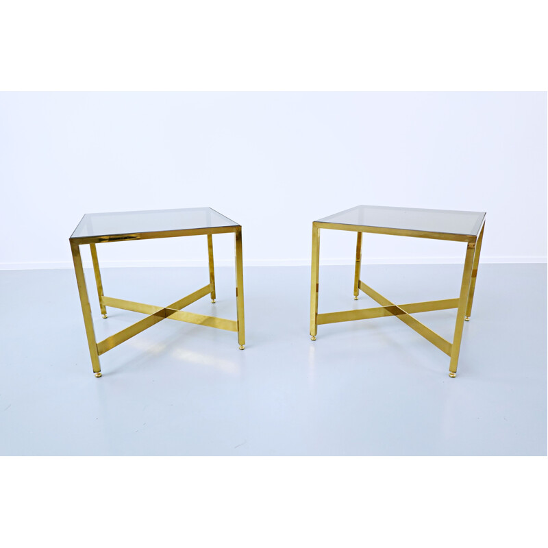 Pair of vintage brass side tables with glass top, Italy 1970