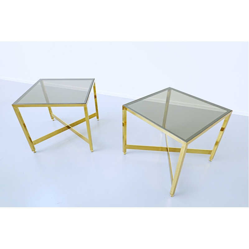 Pair of vintage brass side tables with glass top, Italy 1970