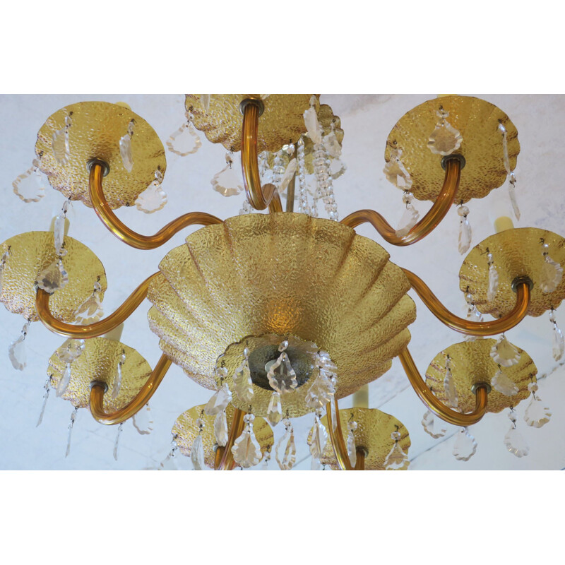 Large vintage 8-Arm Chandelier Murano Venetian Amber Glass & Brass 1960s