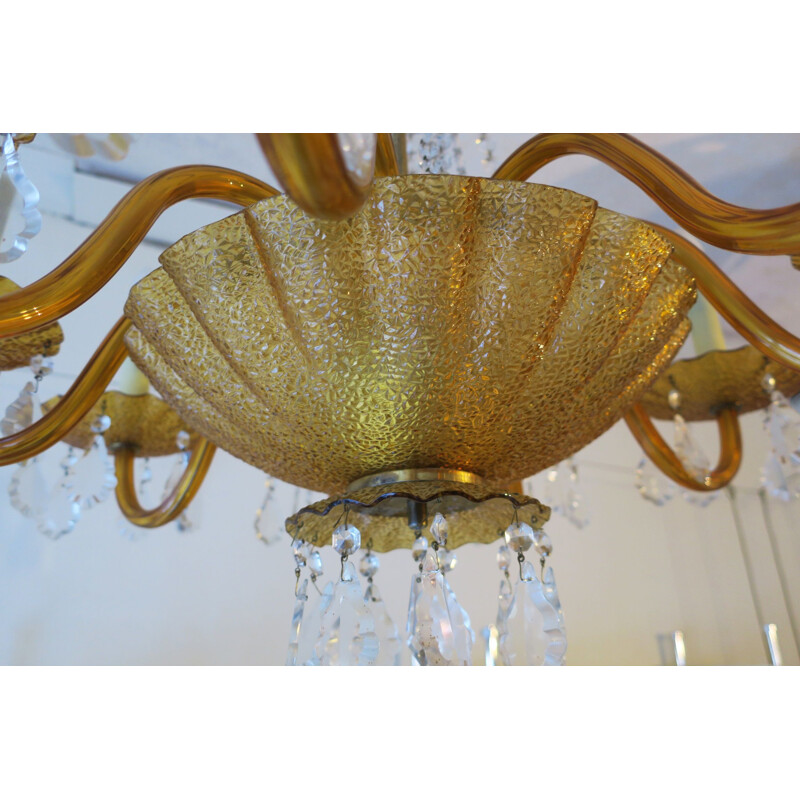 Grand lustre vintage à 8 bras de lumière Murano Verre d'ambre vénitien et laiton 1960